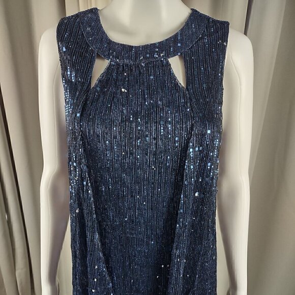 Leslie Fay Blue Sleeveless Double Keyhole Crew Neck Sequin Shirt Dress Size 8 - Picture 3 of 13